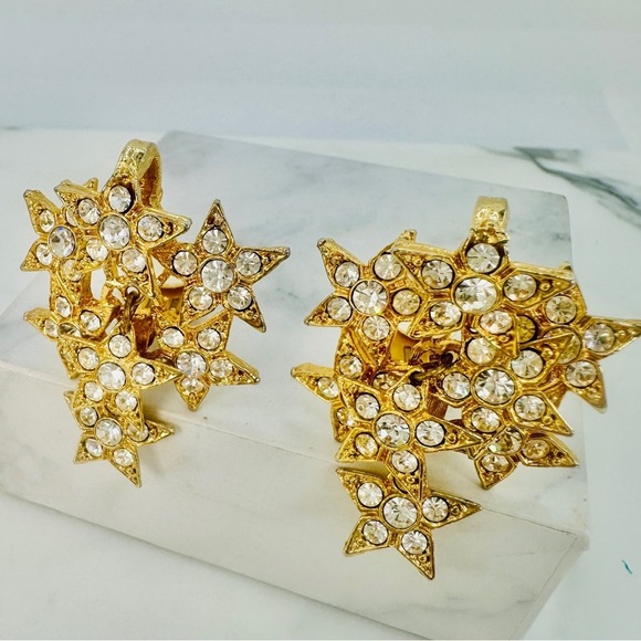 Vintage 80s Star Cluster Earrings Clip On Crystal Disco Glam Articulated Dangle - Picture 4 of 9